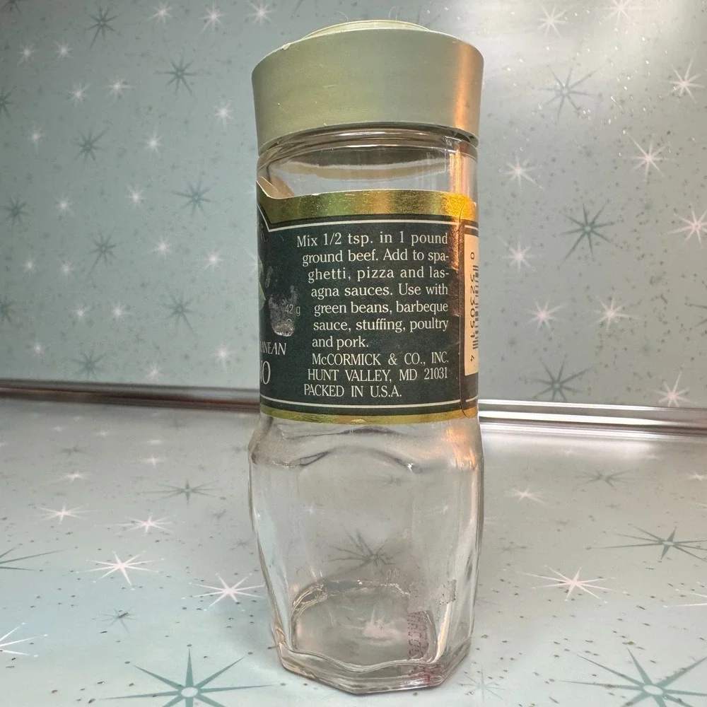Vintage McCormick Mediterranean Oregano Jar Green Label & Lid Glass Spice Bottle